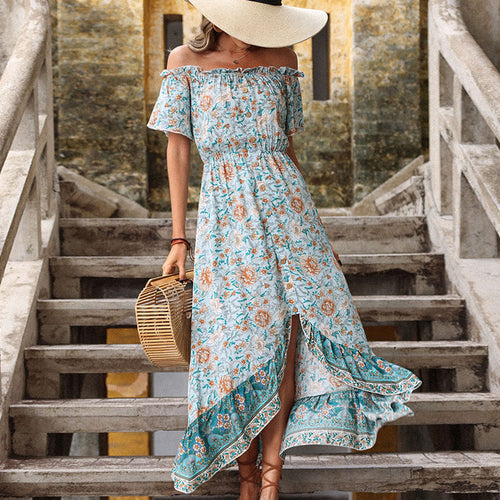 Dame Off-Shoulder Blomst Maxi Kjole med Flæsekant Stilla