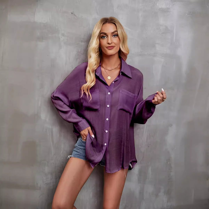 Dame Oversize Skjortebluse med fin tekstur og praktiske lommer Stilla