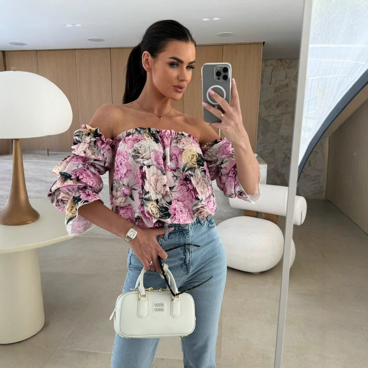 Damer Off-Shoulder Bluse med voluminøse puffærmer og floralt design Stilla