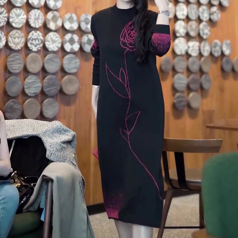 Dame Elegant stribet Langærmet kjole med Floral-broderi Stilla