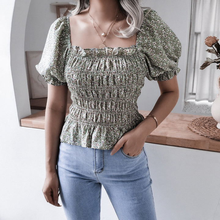 Dame Puffærme Bluse med rynket design og flæse kant Stilla