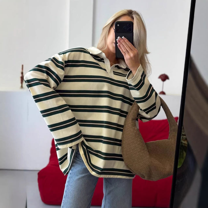 Kvinder stribet bluse sweater med klassisk krave Stilla
