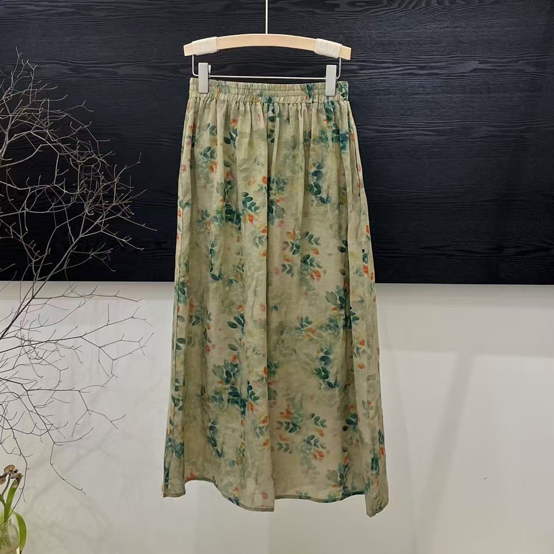 Dame Floral Print Maxi Nederdel med elastisk liv Stilla