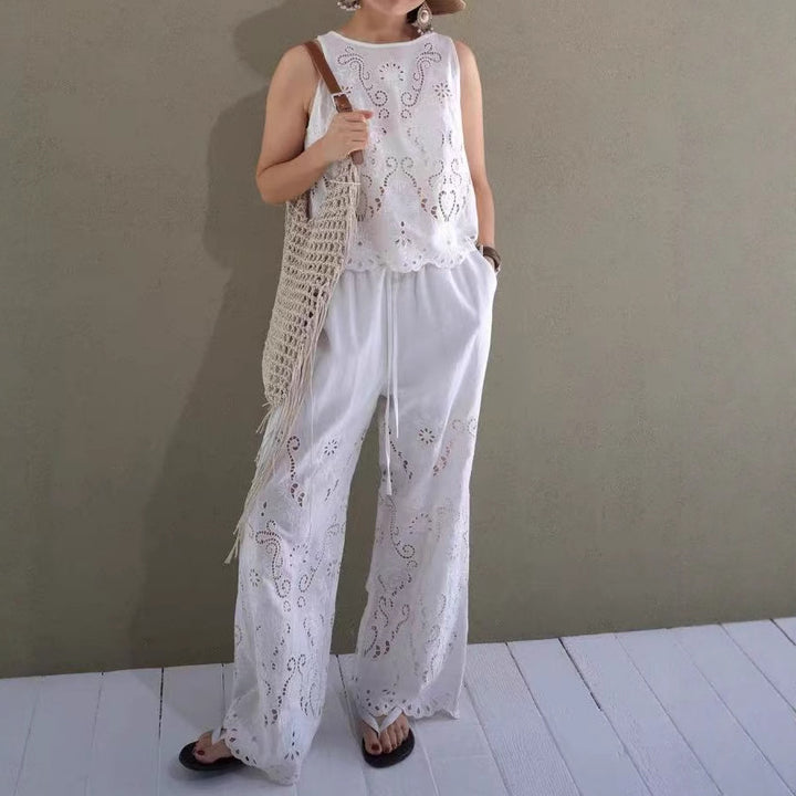Dame Casual Chiffon Buksedragt med fin hæklemønster Stilla