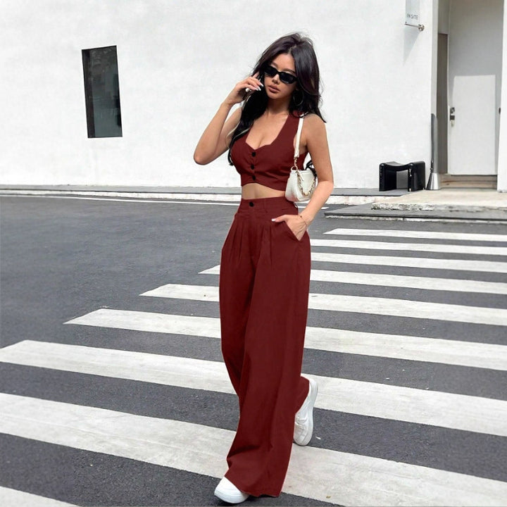 Dame To-delt Sæt med tætsiddende Top og brede Bukser Skovae