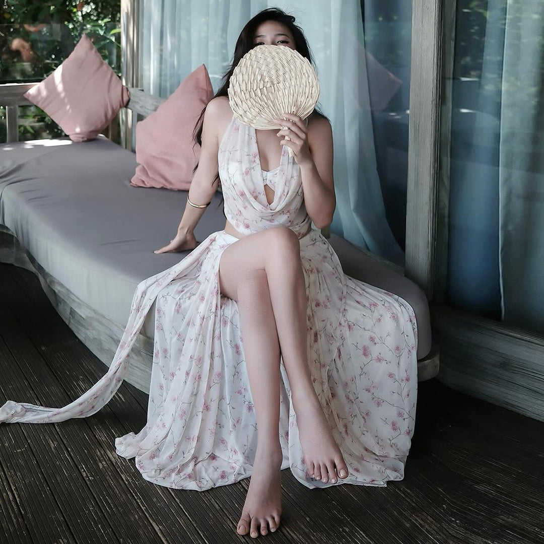 Dame maxikjole med blomster draperingsdesign Skovae