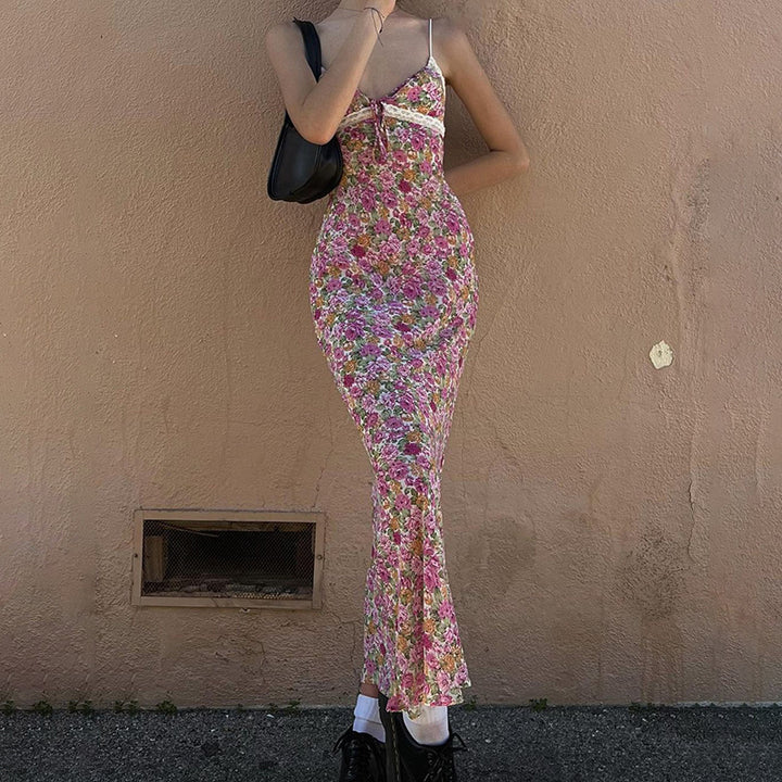 Dame Floral Print Slip Maxi Kjole med Spaghetti Stropper Stilla