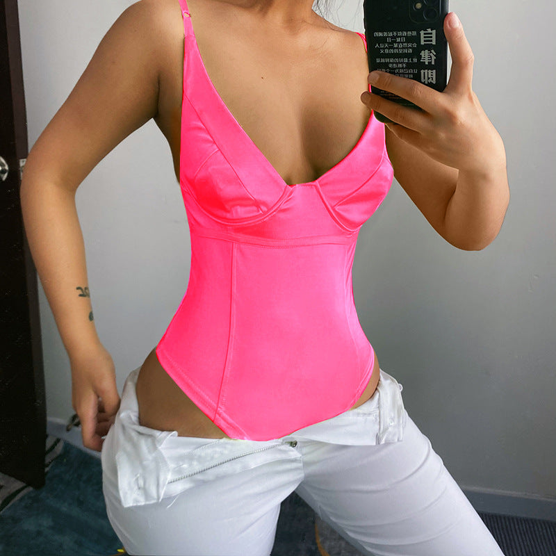 Dame Satin-Bustier-Top med dyb V-udskæring og elegant pasform Skovae