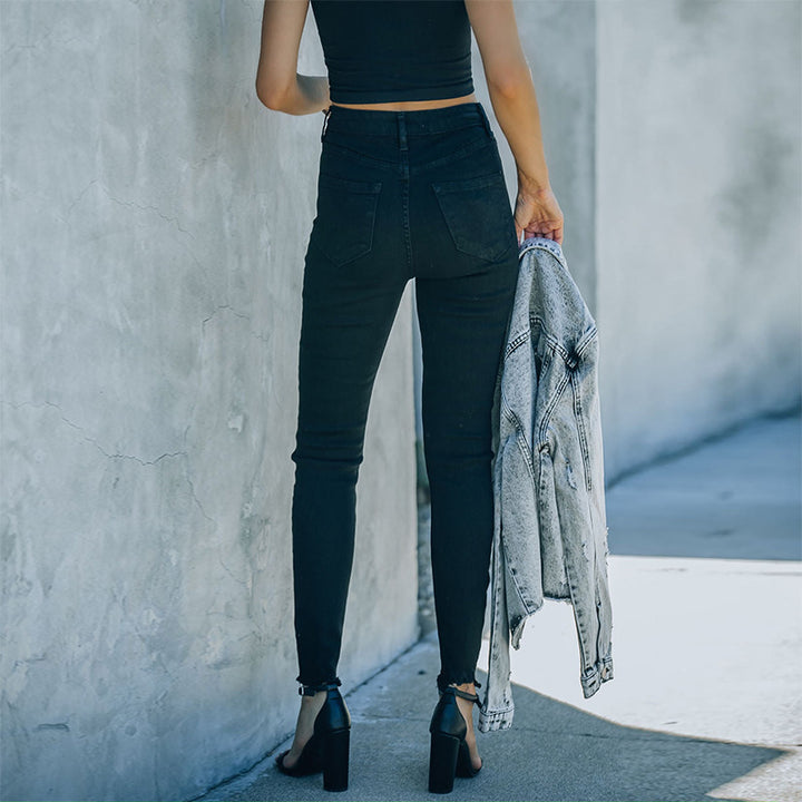 Dame High-Waist Skinny Jeans med autentisk knaplukning og mode fransen afslutning Stilla