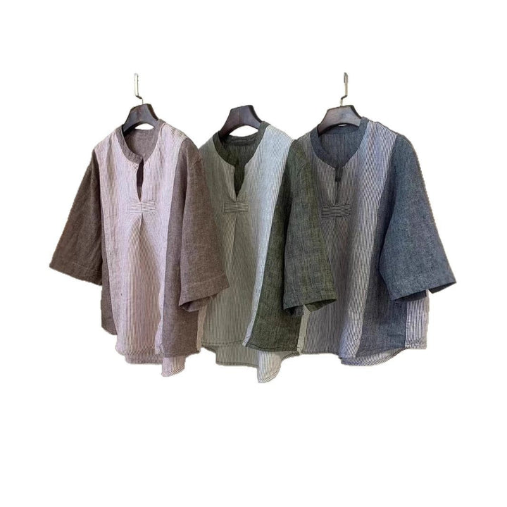 Dame stribet linned blouse med løs pasform og halvlange ærmer Stilla