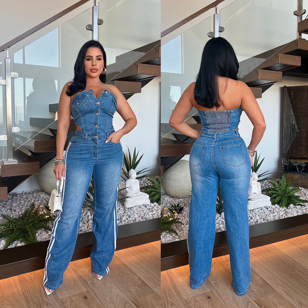 Dame Designer-Jumpsuit i Used-Look med figursyet overdel og bredt ben Stilla