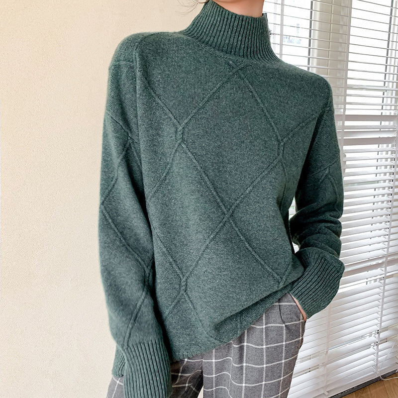 Kvinders sweater med høj krave og struktureret diamantmønster Stilla