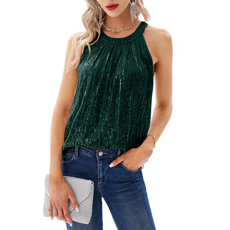 Dame Glitrende Sommertop med Halterneck og glitrende Pailletter Stilla