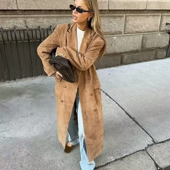 Dame elegant trenchcoat med dobbelt knap række og høj krave Stilla