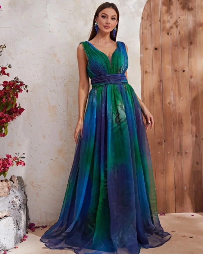 Dame elegant maxikjole med flydende chiffon-overdel og V-udskæring Stilla