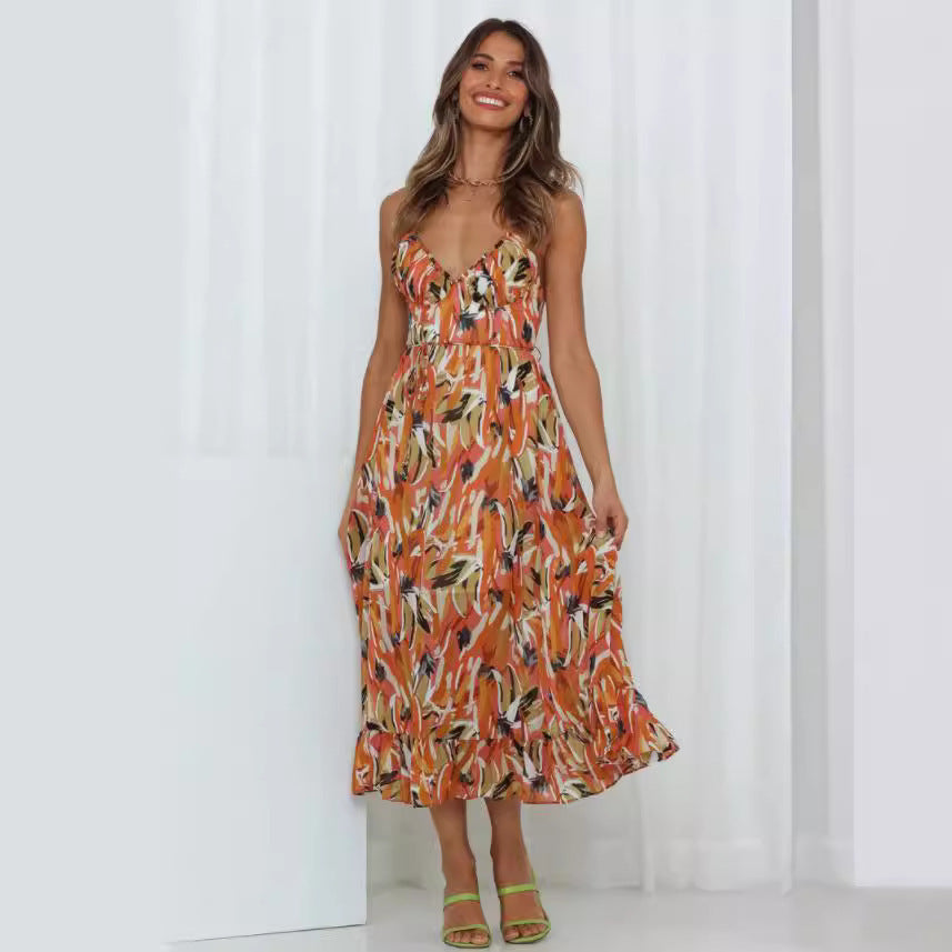 Dame Bohemian Floral Maxi Kjole med justerbare Spaghetti-stropper Stilla