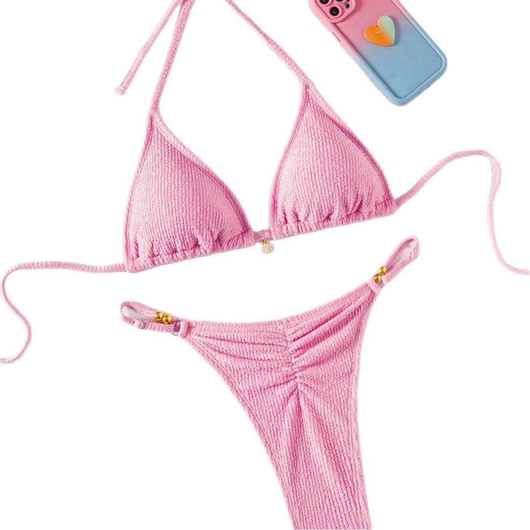 Dame Triangel-Bikini i moderne stribedesign med elegante perledetaljer Skovae