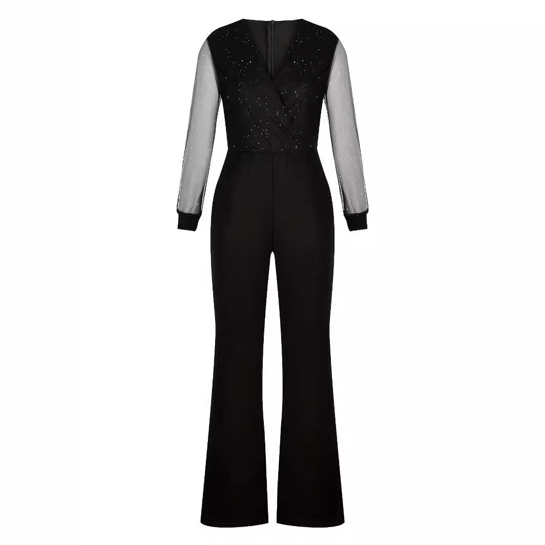 Damer Elegant Jumpsuit med gennemsigtige ærmer og glitrende detaljer Skovae