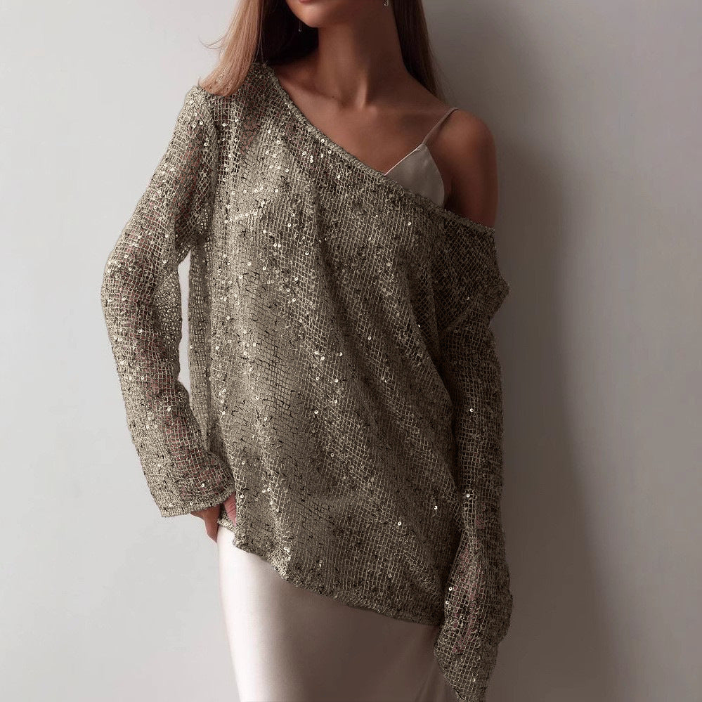 Dame Funklende Aftenbluse med asymmetrisk Snit Stilla