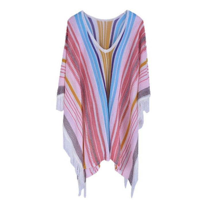Dame Strandponcho med farverigt frynse-design Stilla