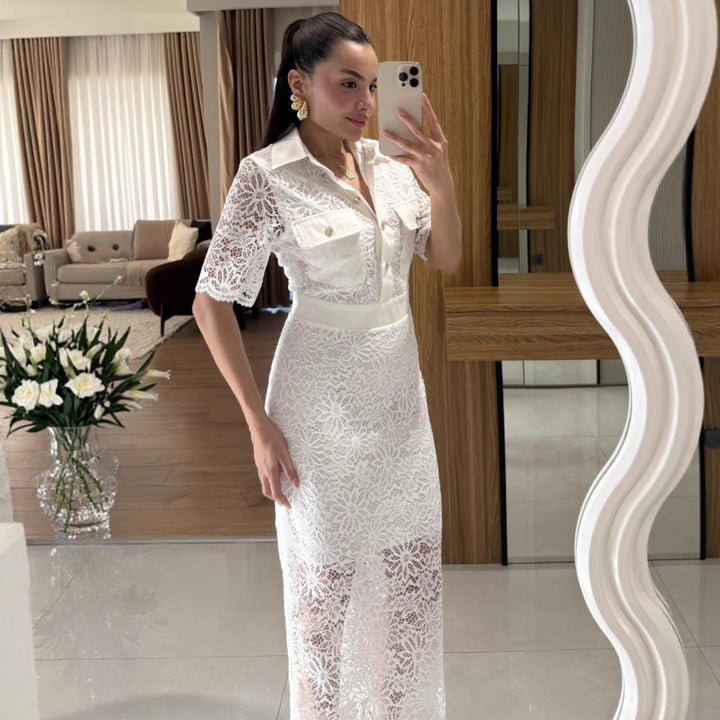 Dame Elegant Spidskjole med Krave og Kort Bluse Stilla
