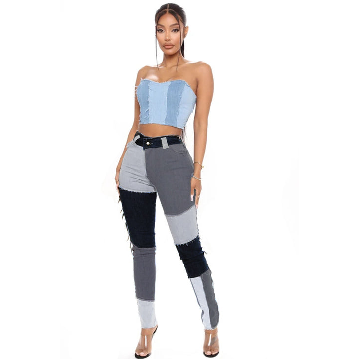 Dame Patchwork Jeans og Bustier-Top Sæt med figursyet snit Stilla
