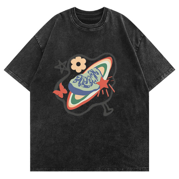 Dame T-shirt med kreativt rummet-motiv og løs pasform Stilla