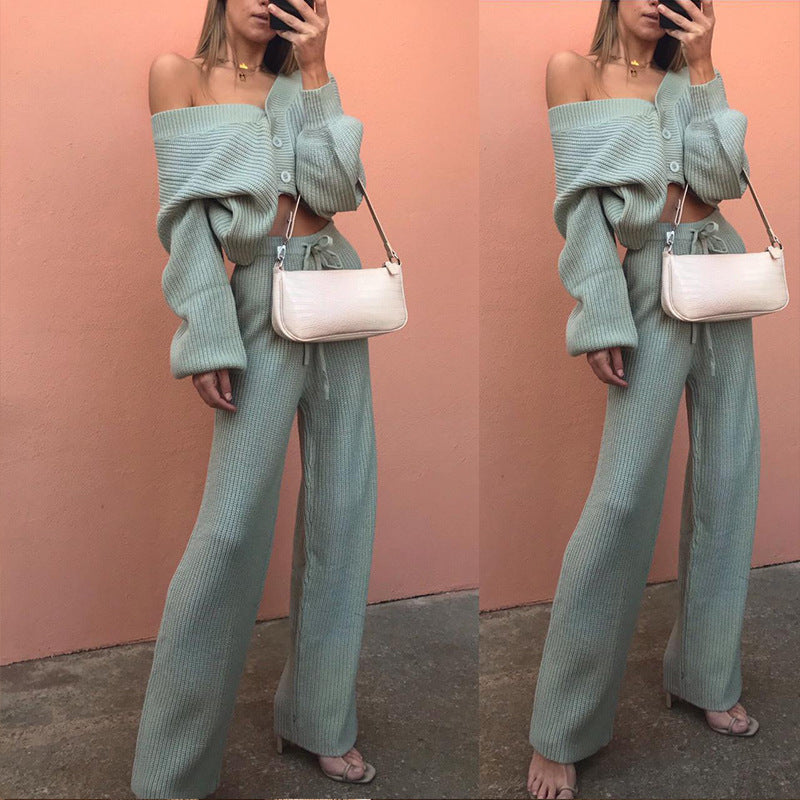 Kvinders strikket loungewear sæt med knapdetaljer og elastisk talje Skovae