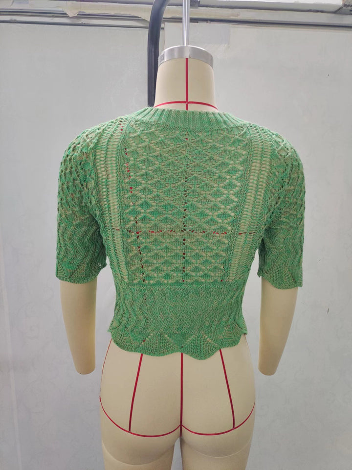 Dame Print Strikbluse med luftig netstruktur og moderigtig crop-snit Skovae