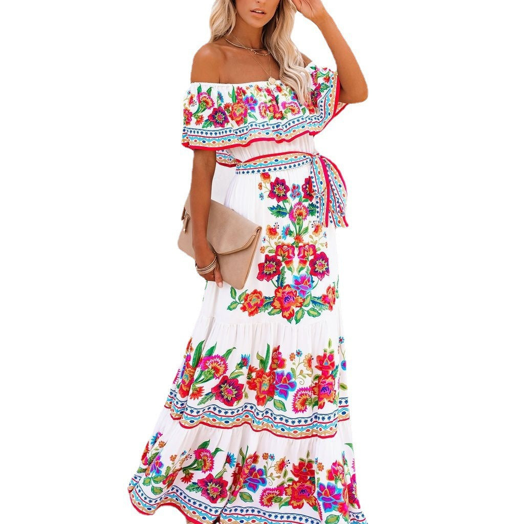Dame Off-Shoulder Sommerkjole med floralt Volant Stilla