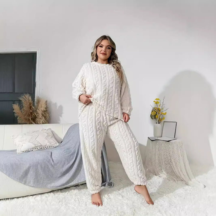 Dame strik-loungewear sæt med kabelmønster og elastisk bund Stilla