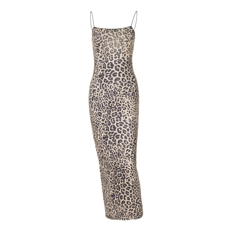 Dame leopardprint maxikjole med justerbare spaghetti-stropper Skovae
