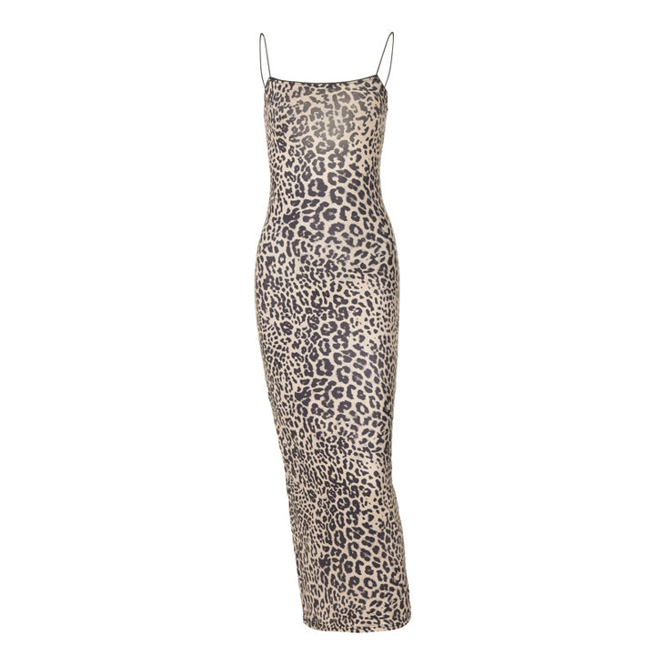 Dame leopardprint maxikjole med justerbare spaghetti-stropper Skovae