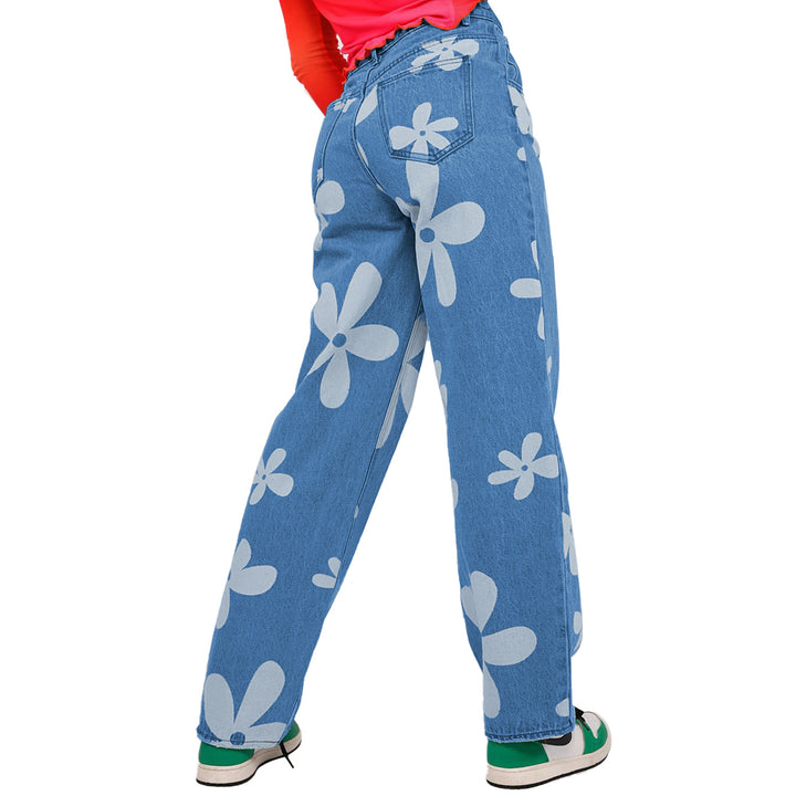 Dame brede jeans i retro-inspireret blomstermønster med høj talje Stilla
