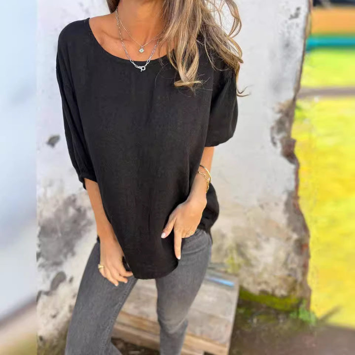 Dame Casual Linned blouse med brede ærmer og rund halsudskæring Stilla