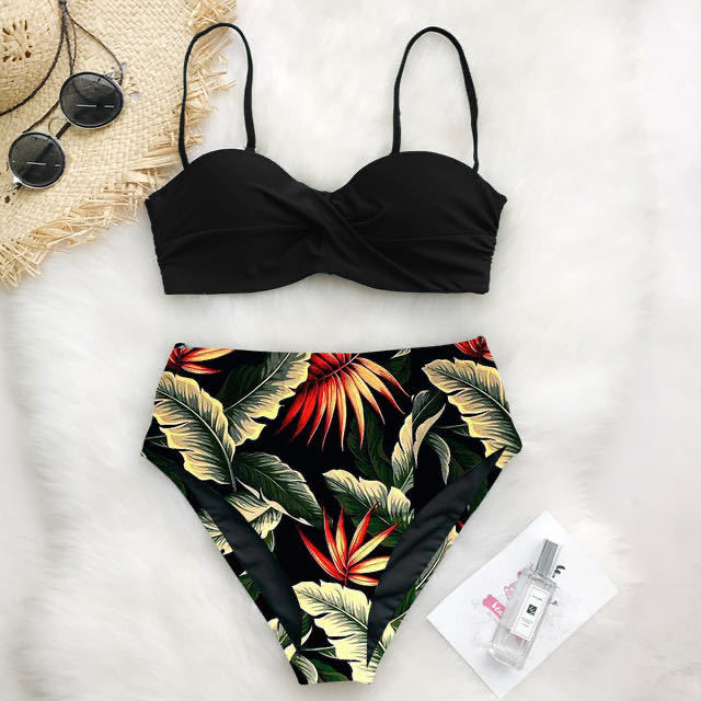 Dame Højtaljet Bikini-Sæt med Rynker og Blomsterdesign Skovae