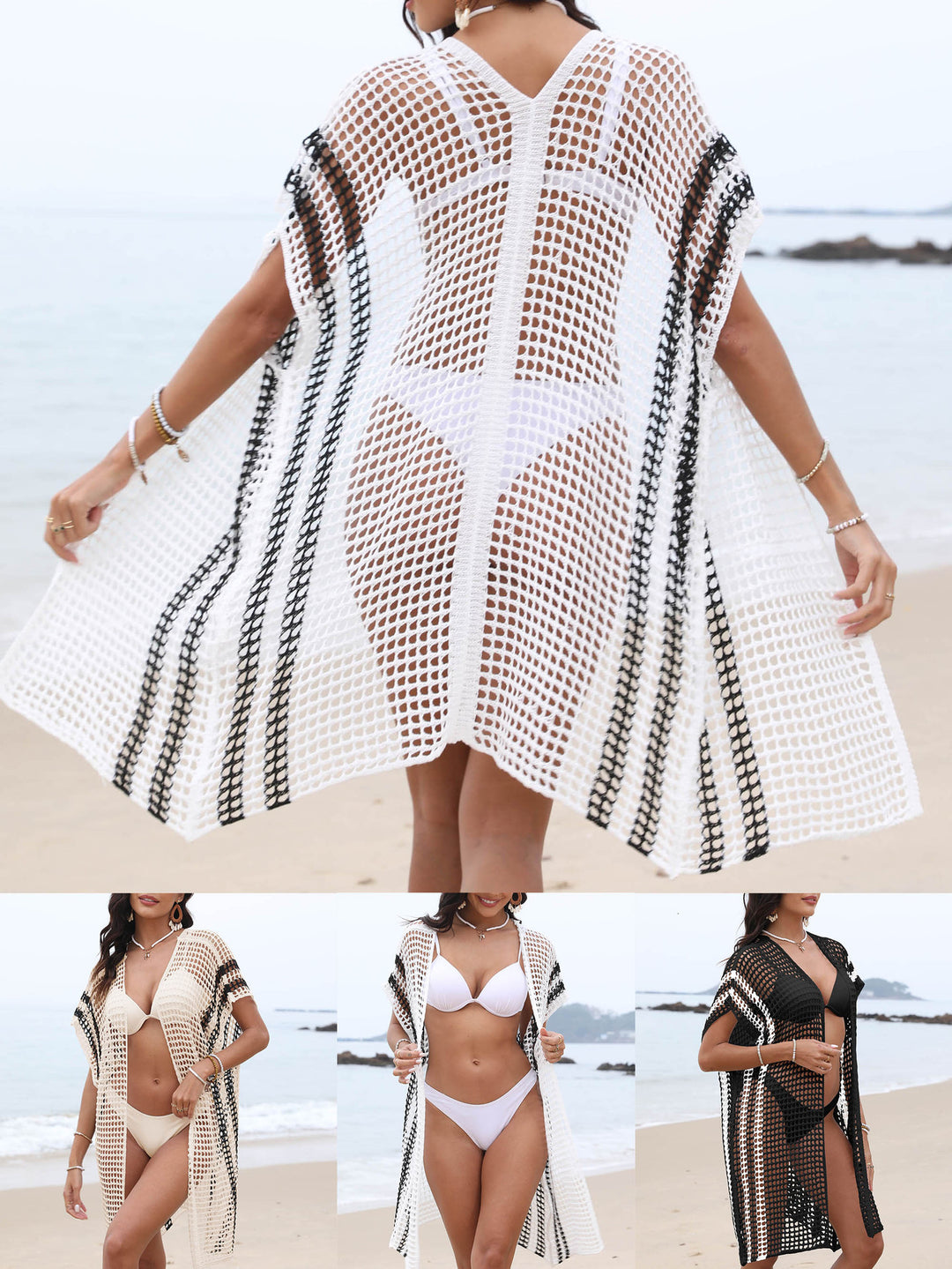 Damehækle-strandkimono med åben struktur og stilfulde accenter Stilla