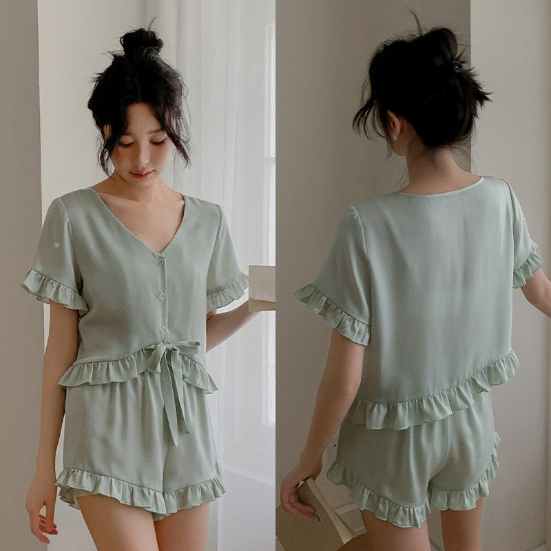 Dame Pyjama-sæt med voluminøst flæse design og elegant bælte Stilla