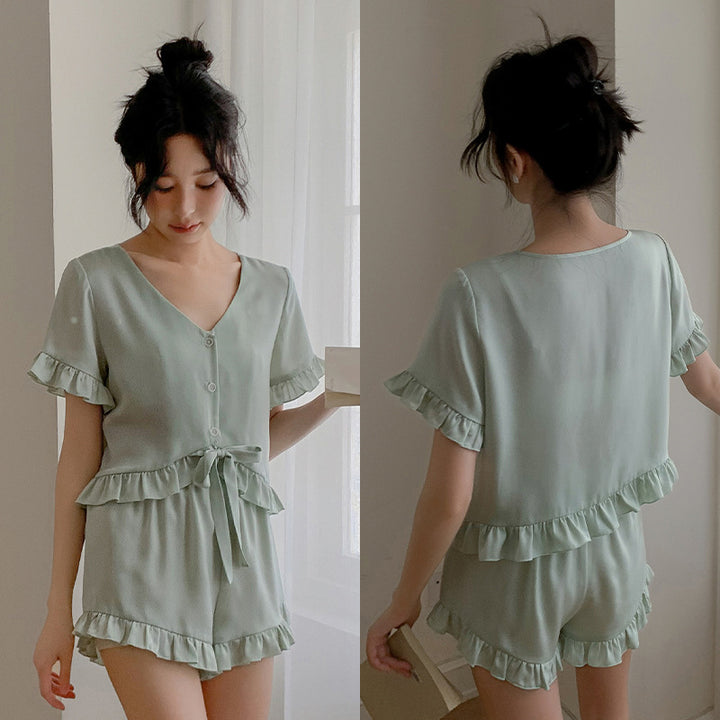 Dame Pyjama-sæt med voluminøst flæse design og elegant bælte Stilla