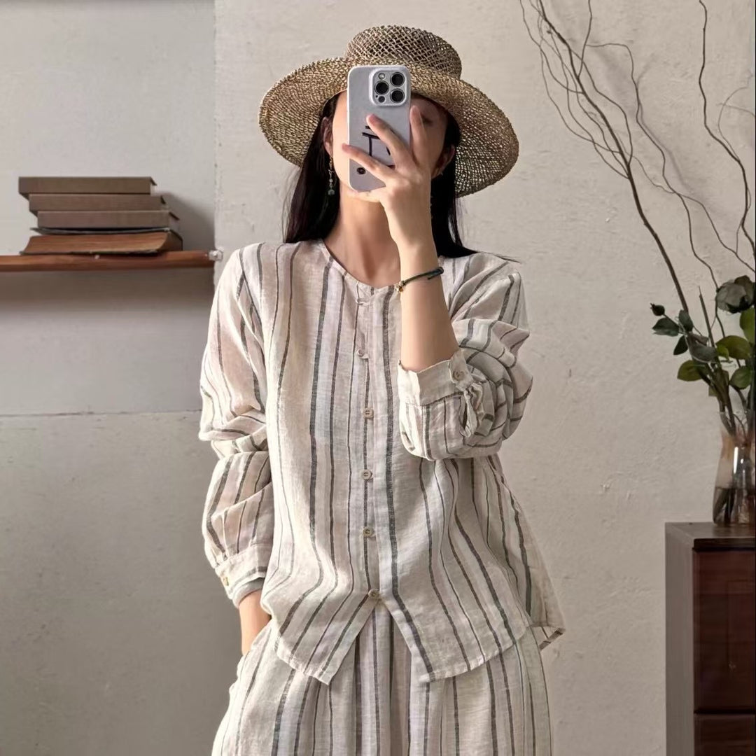 Femme Stribet Linned Knap-Down Bluse Stilla