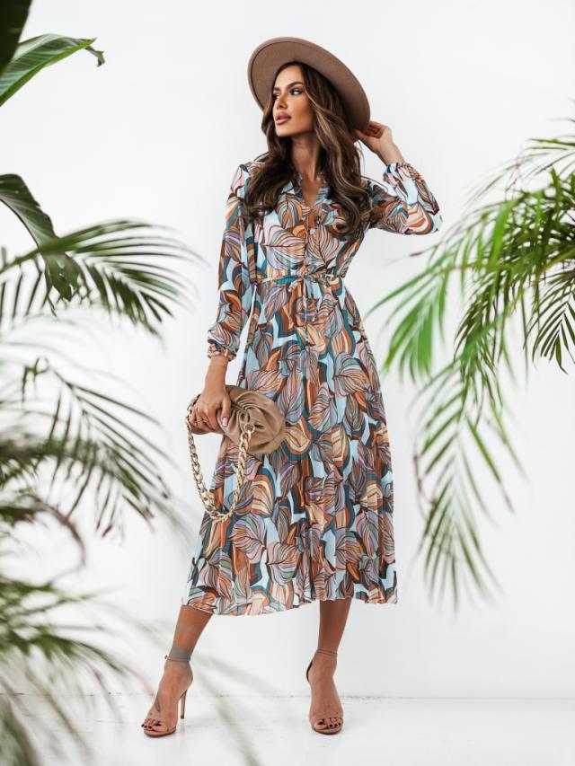 Dame Floral Print Langærmet Midi Kjole Stilla