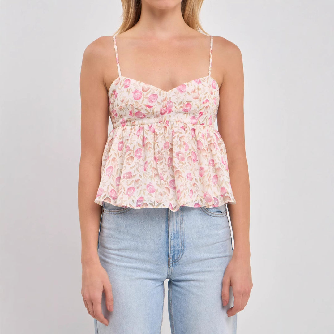 Dame Peplum-top med blomsterdesign og fine spaghetti-stropper Skovae
