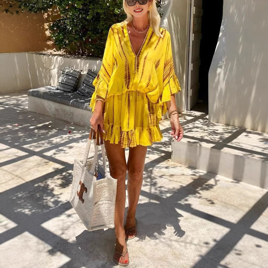 Dame Sommerligt Kaftan-Kjole med flydende snit og flæse-detaljer Stilla