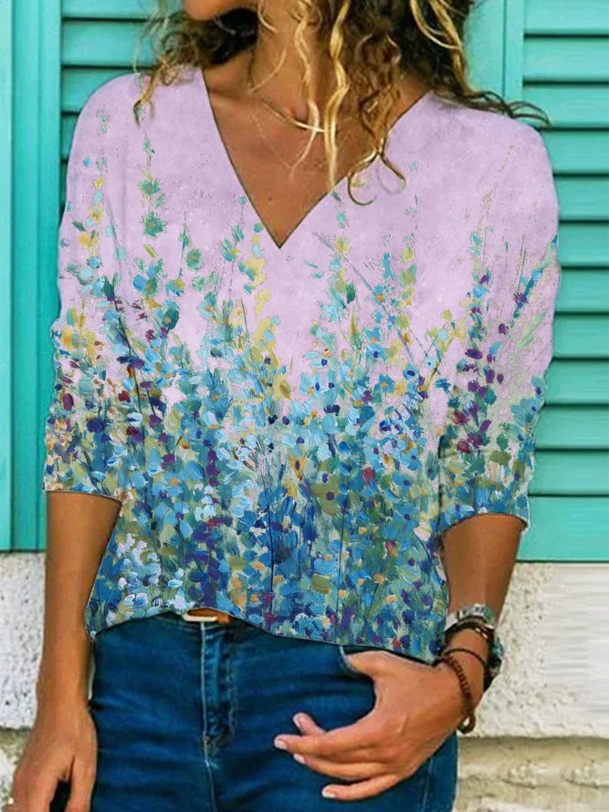 Stilla | Trendy Plante Dyrerprint V-Hals Langærmet T-shirt