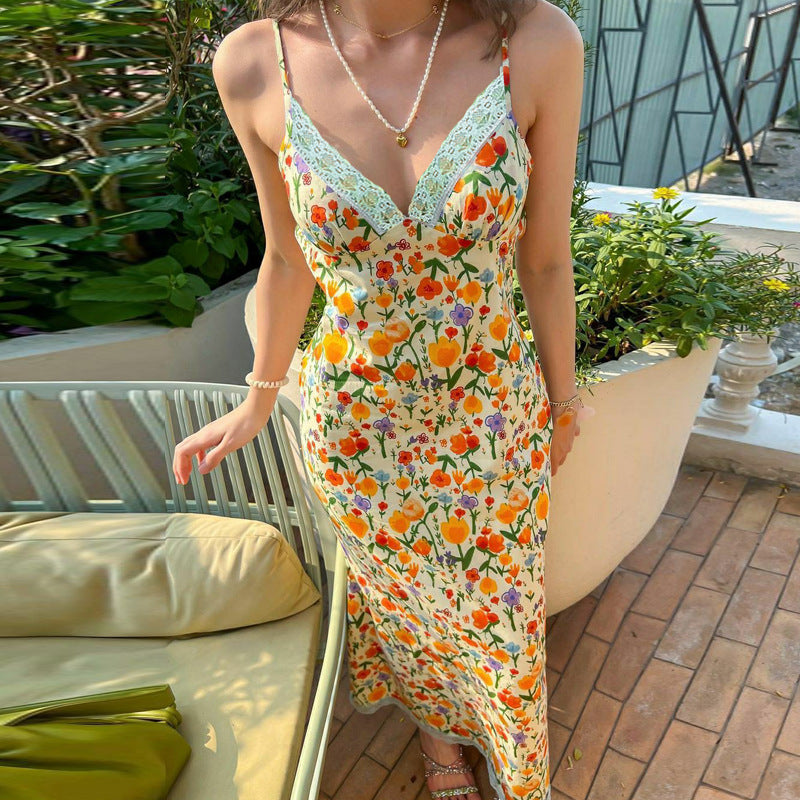 Dame Floral Print Maxi Slip Kjole med Spids Trim Stilla