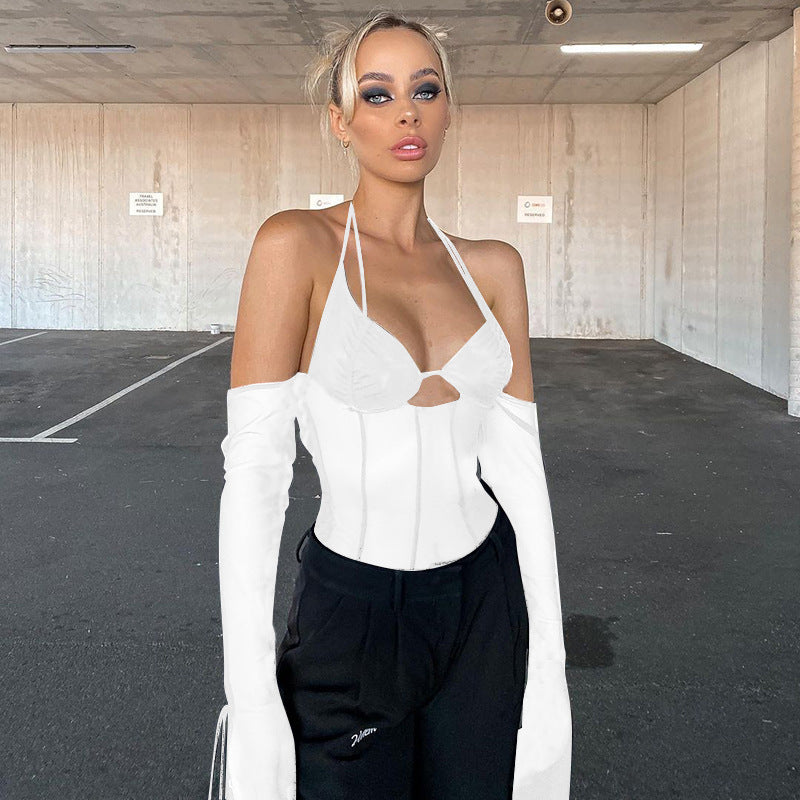 Dame crop-top med gennemsigtigt design og raffinerede flæseærmer Skovae