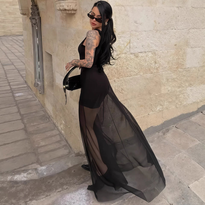 Damer Elegant Maxi-kjole med transparent chiffon-overlag og tætsiddende inderkjole Skovae