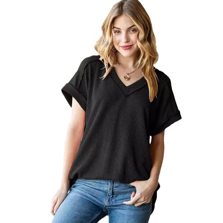 Dame V-hals top i vaffelstrikdesign Stilla