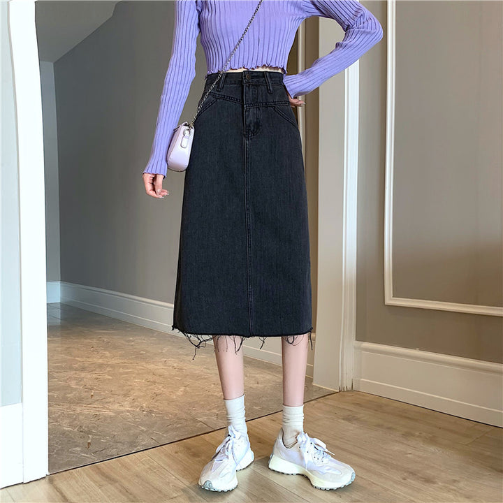 Dame Midi Denim Nederdel med Uregelmæssig Kant Stilla