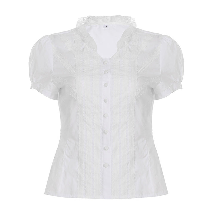 Dame Elegant bluseoberst med ruffle detaljer og knaplukning Skovae
